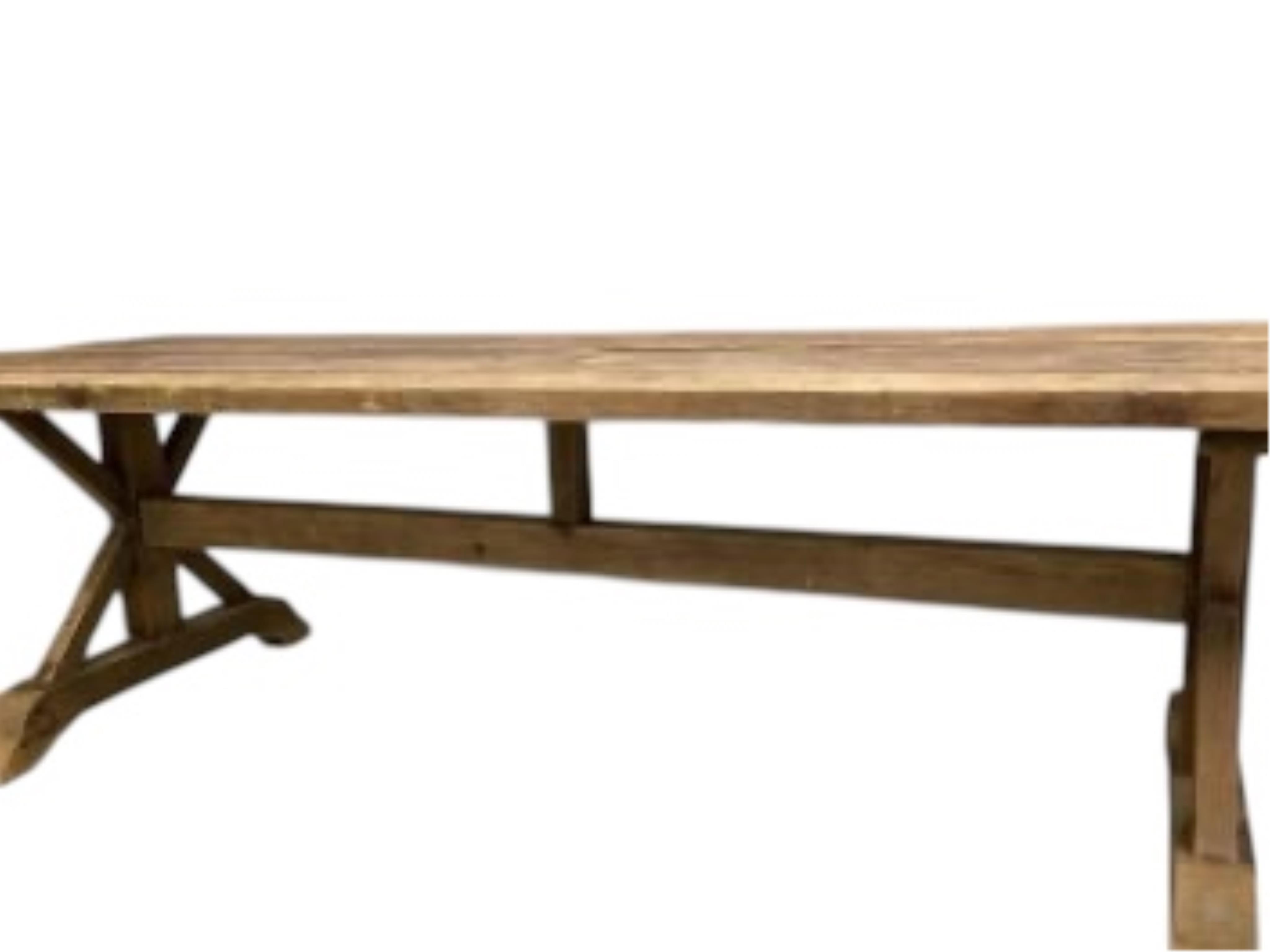 An 18th century style rectangular pine tavern type refectory dining table on X shaped underframe, width 280cm, depth 100cm, height 77cm